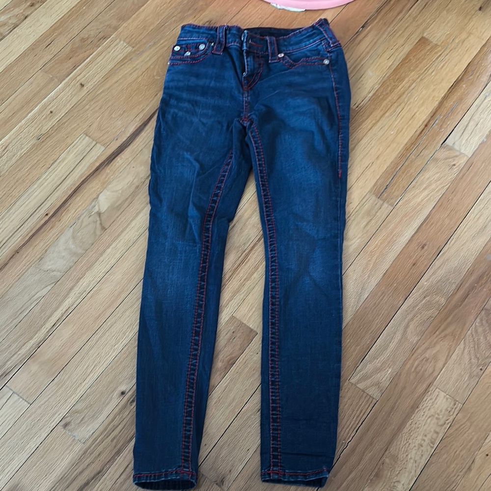 True Religion Indigo Blue Skinny Jeans with Faded Details sz 26 Red Stiching
